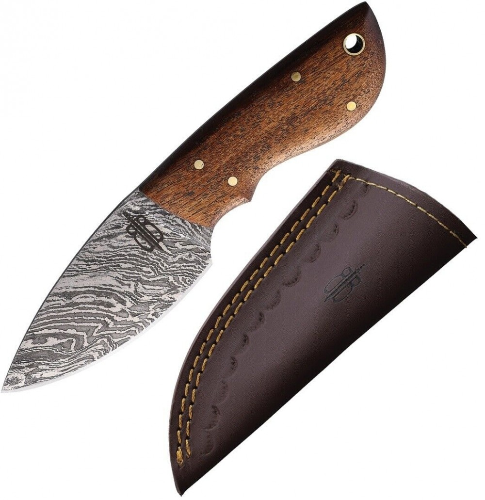 BNB Knives Mini Skinner with Damascus blade and walnut wood handle, accompanied by a leather sheath.