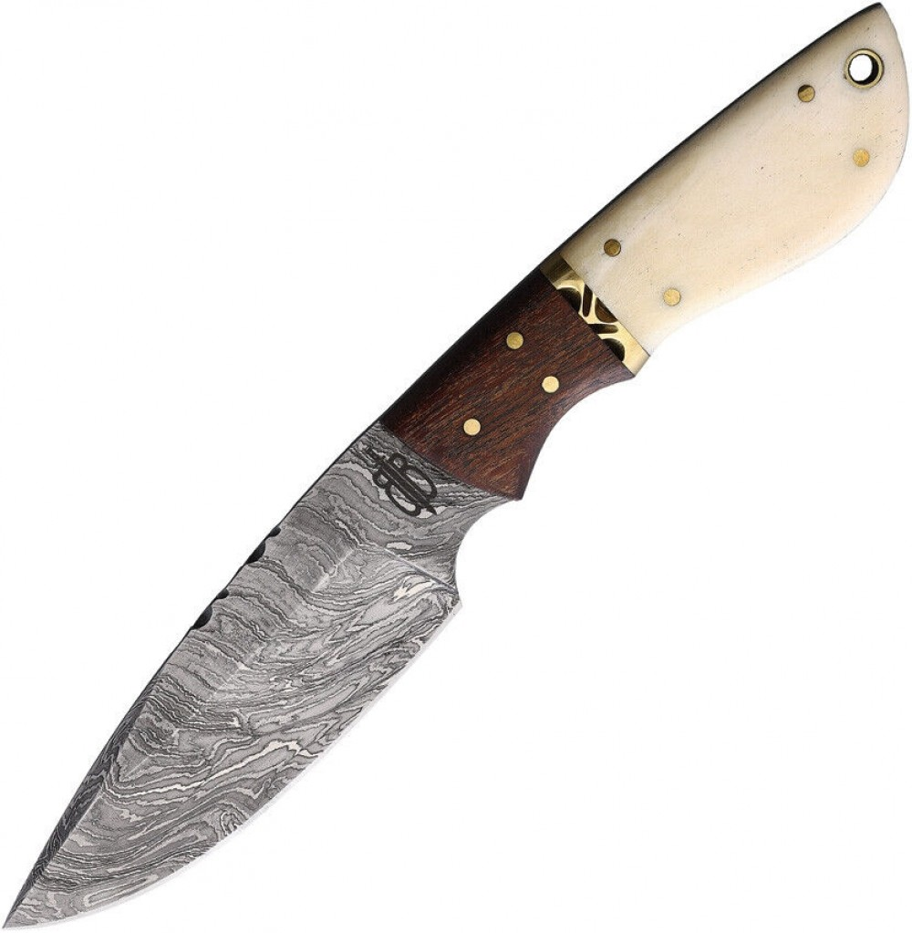 BNB Knives Drop Point Hunter with Damascus blade, camel bone handle, walnut bolster, and leather sheath.