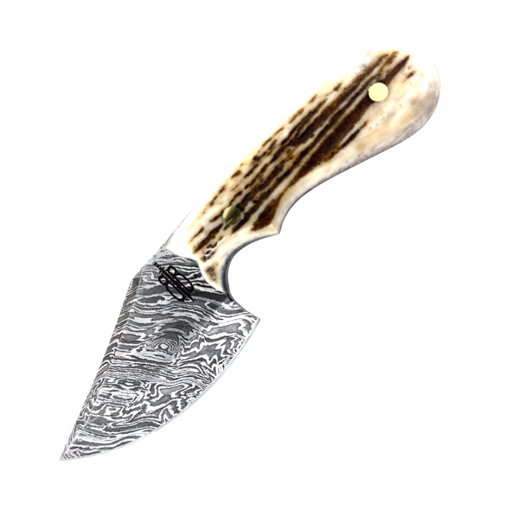 BNB Knives Stag Wild Skinner Knife with Damascus blade and stag handle, featuring a clip point design.