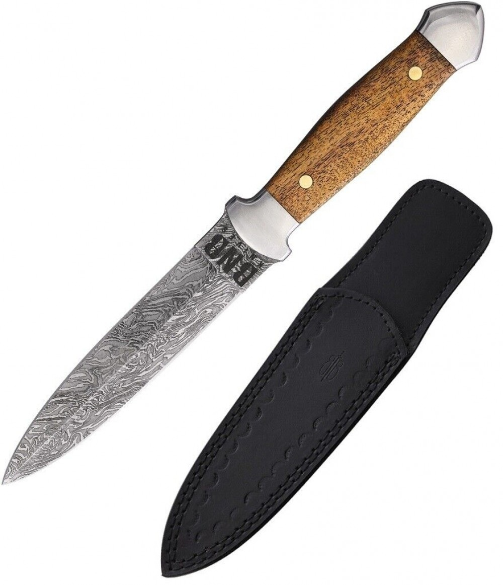 BNB Knives Damascus Dagger with walnut burlwood handle and leather sheath, featuring a 256-layer double-edge blade.