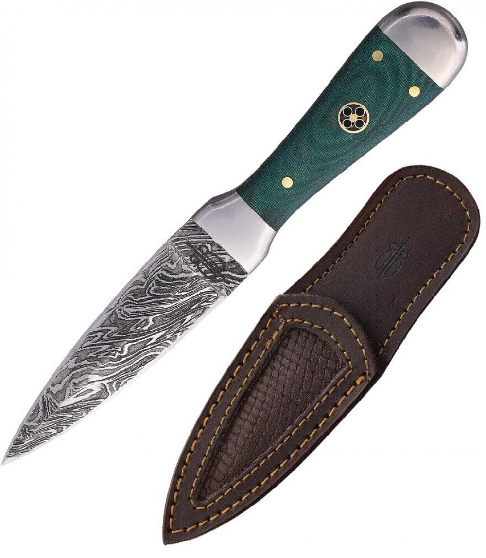 BNB Knives Bodice Dagger with Damascus steel blade, micarta handle in army green, and premium leather sheath.
