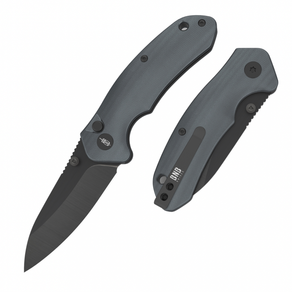 BNB Knives Button Lock Raven Knife in Gravity Grey with D2 steel blade and G10 handle for superior grip and performance.
