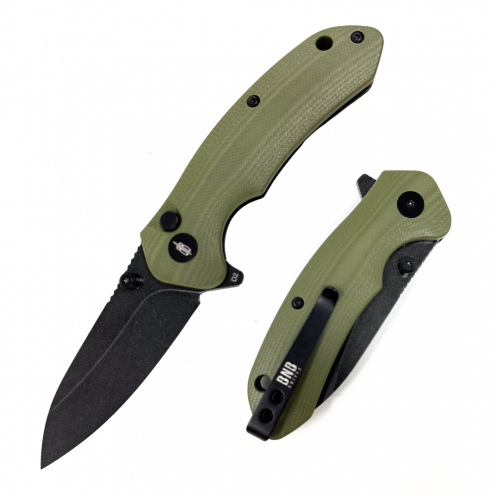 BNB Knives Button Lock Raven Knife in OD Green, featuring a D2 steel blade and G10 handle for comfortable grip and reliable performance.