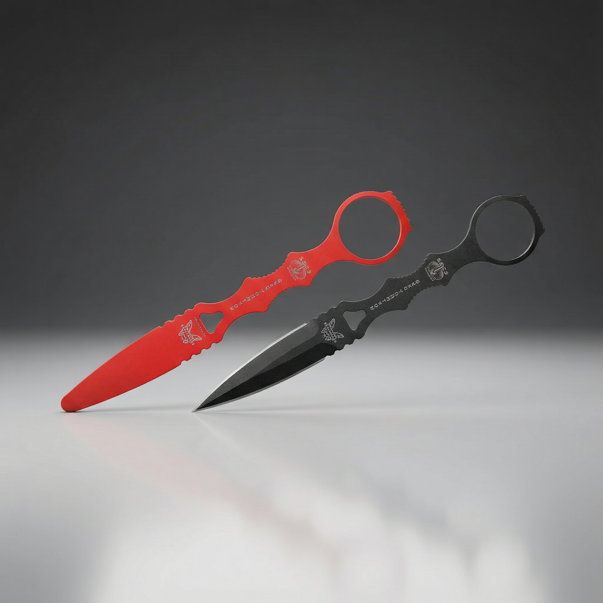 Red and black sheath with a knife on a gray background