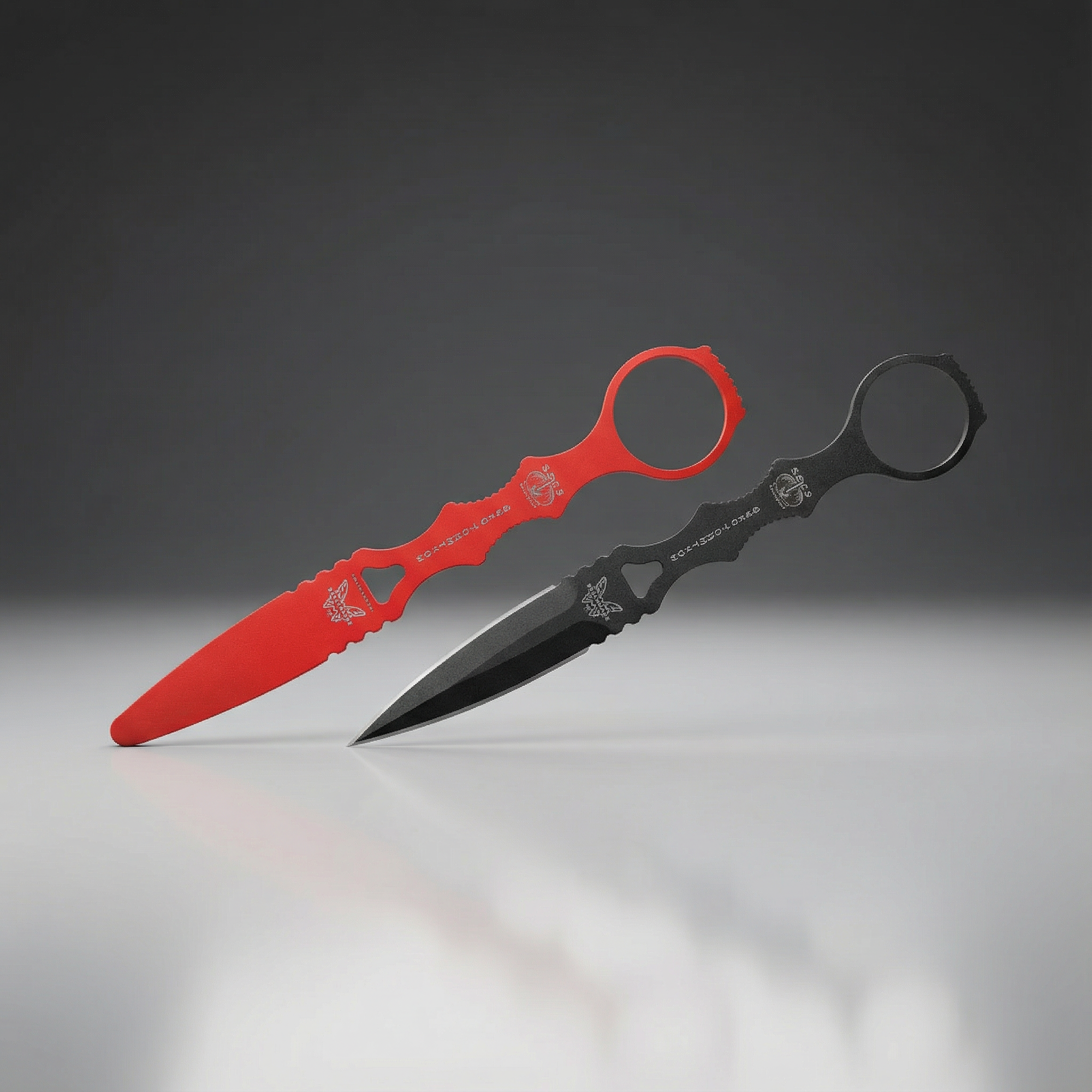 Red and black sheath with a knife on a gray background