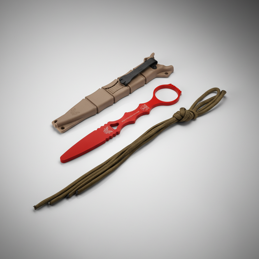 Red knife with brown sheath and lanyard on a gray background