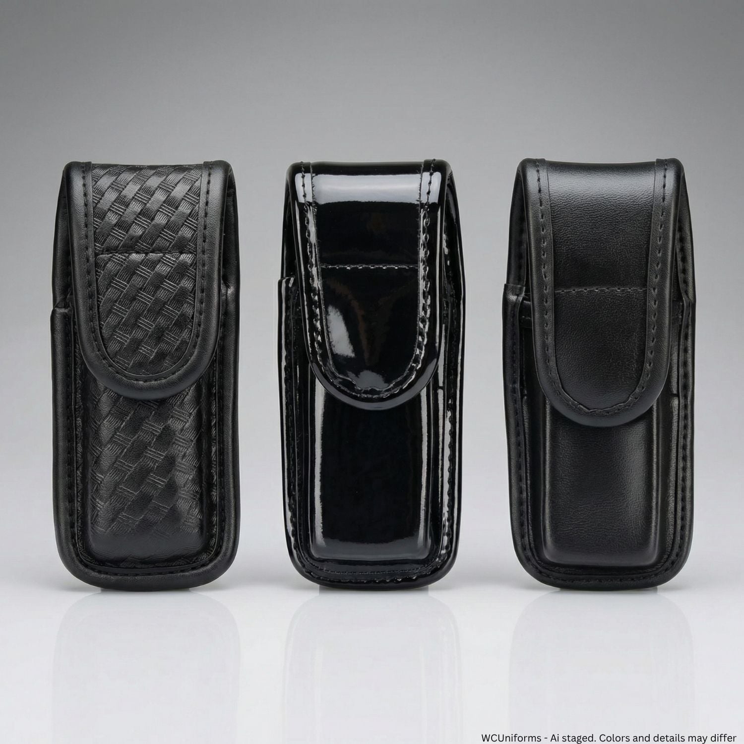 Three Bianchi Model 7903 AccuMold® Elite™ Single Magazine/Knife Pouches with different finishes on a gray background