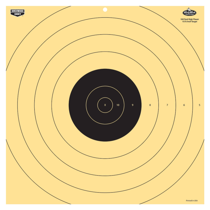 Yellow target with black bullseye and concentric circles, featuring a brand logo in the corner.