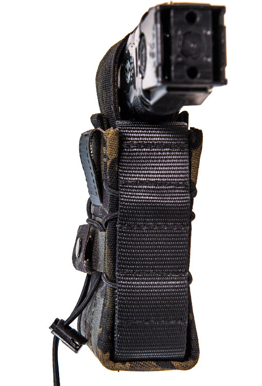 Black Taser holster with tactical strap on a white background