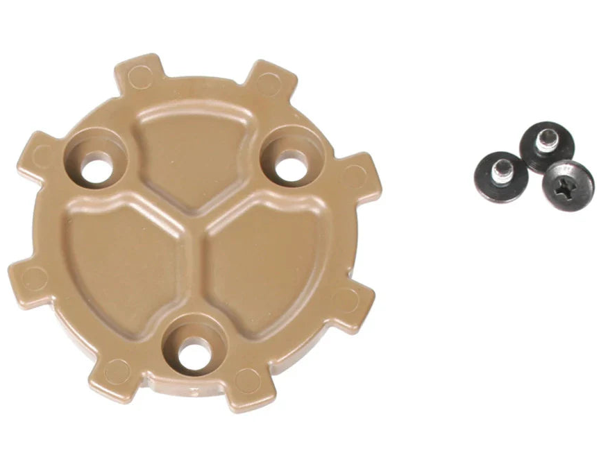 Beige gear-like component with screws on a white background