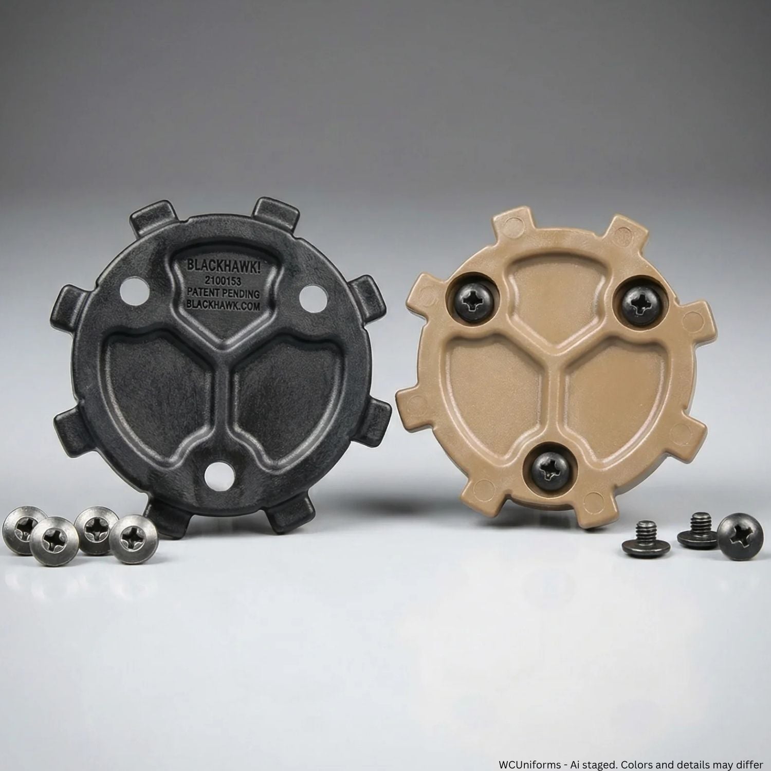 Two Blackhawk Quick Disconnect Male Adapters for SERPA Holsters 430951, one black and one Coyote Tan, with screws on a gray background.