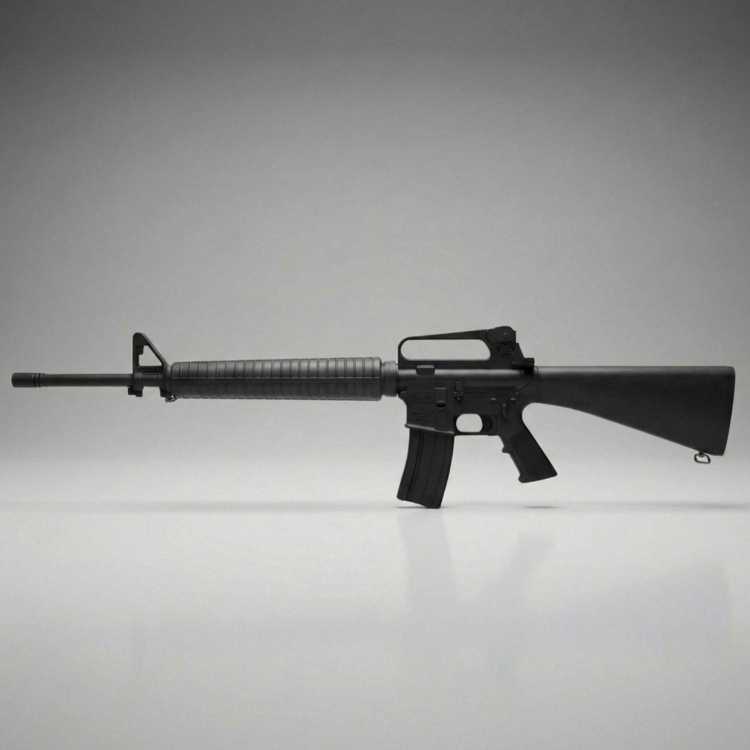 Black training rifle on a gray background for police training