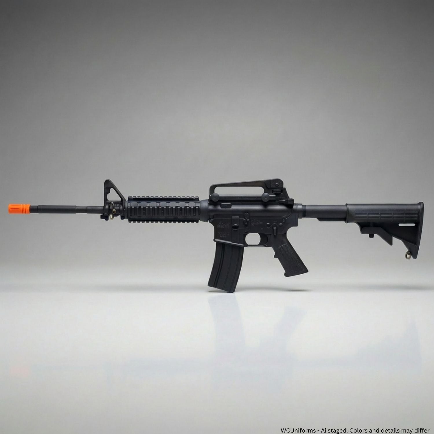 Black training rifle with orange tip on a gray background