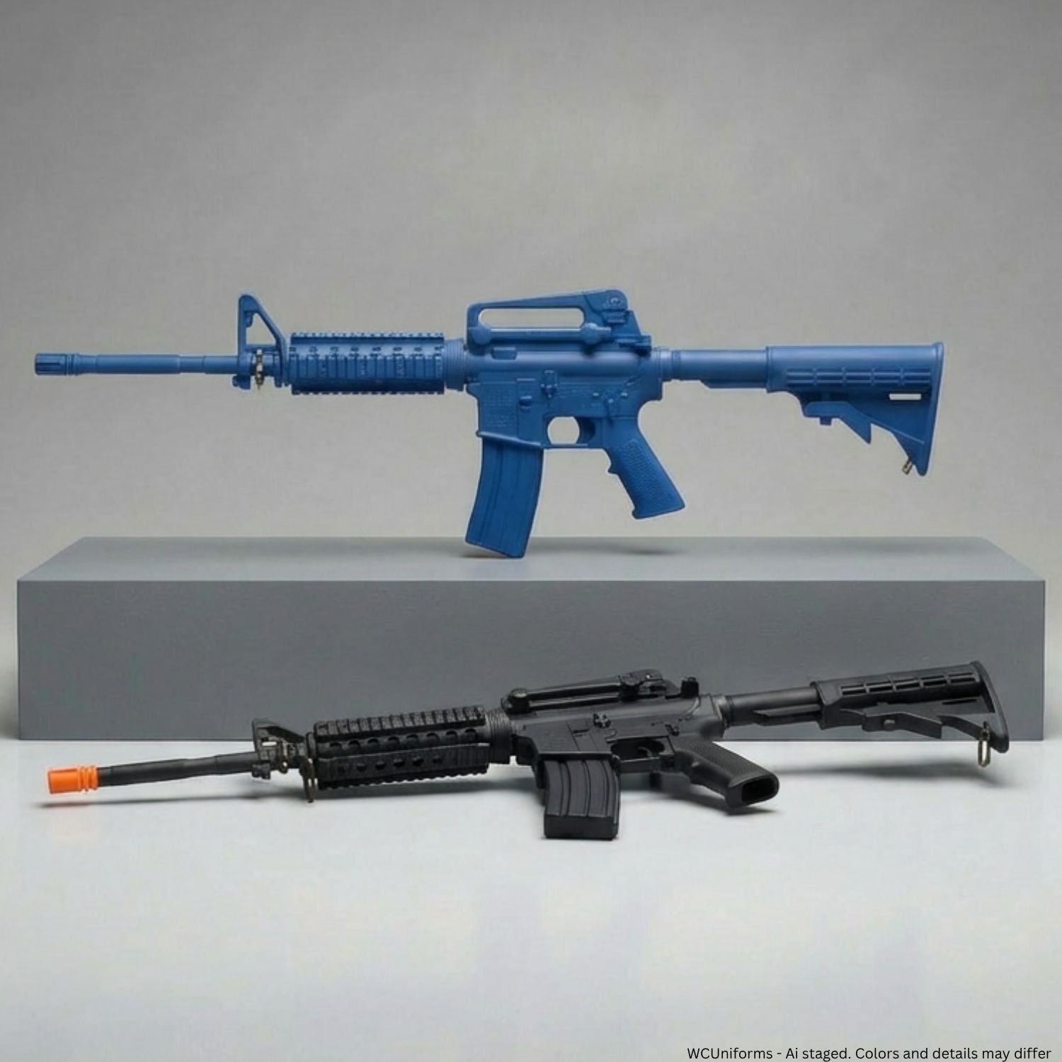 Blue and black toy rifles on a gray platform with a light gray background
