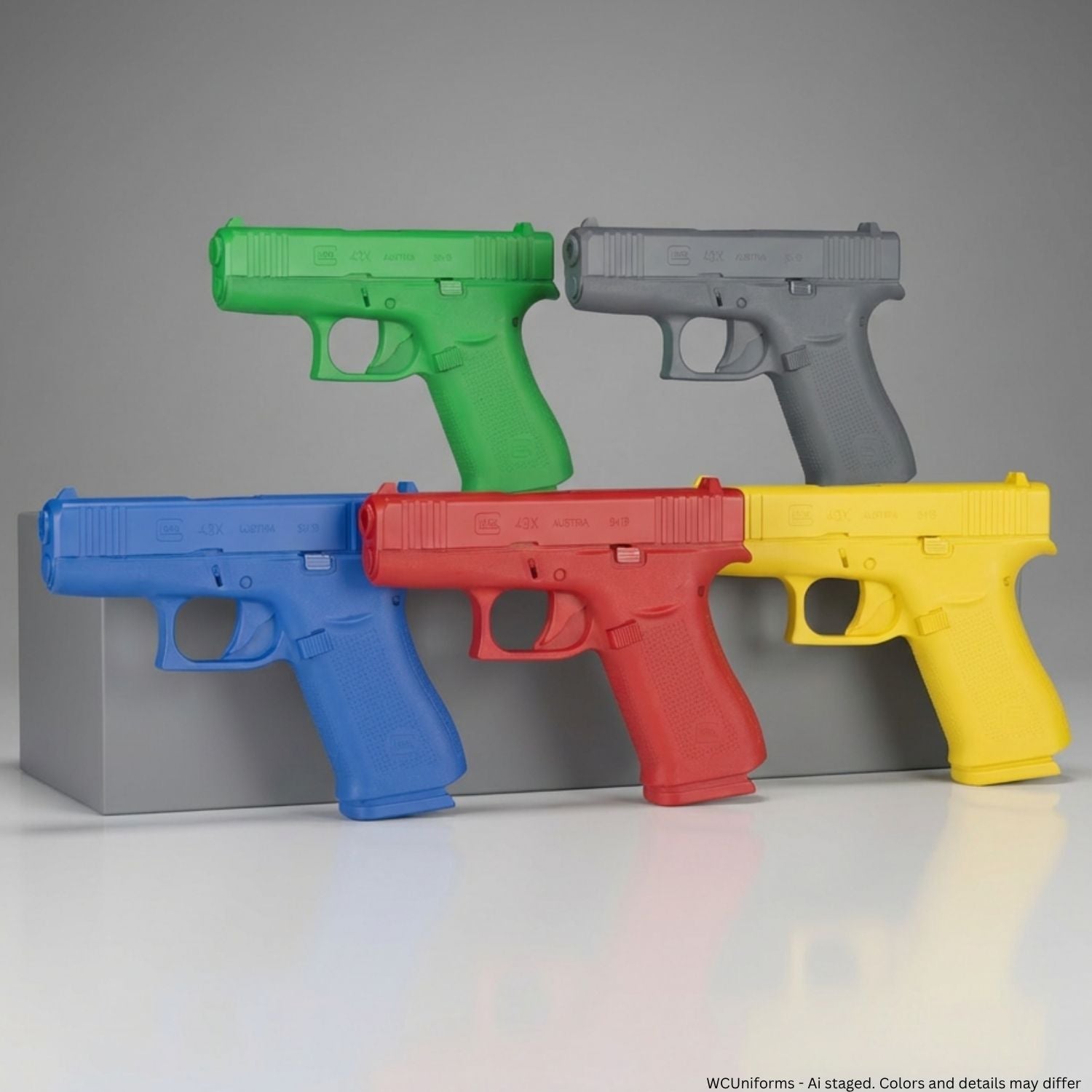 Five colorful training guns on a gray background
