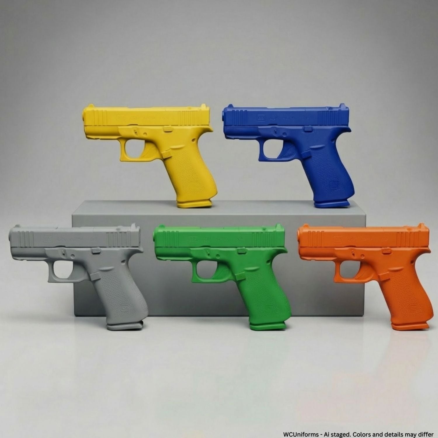 Five colorful plastic training guns on a gray surface with a white background