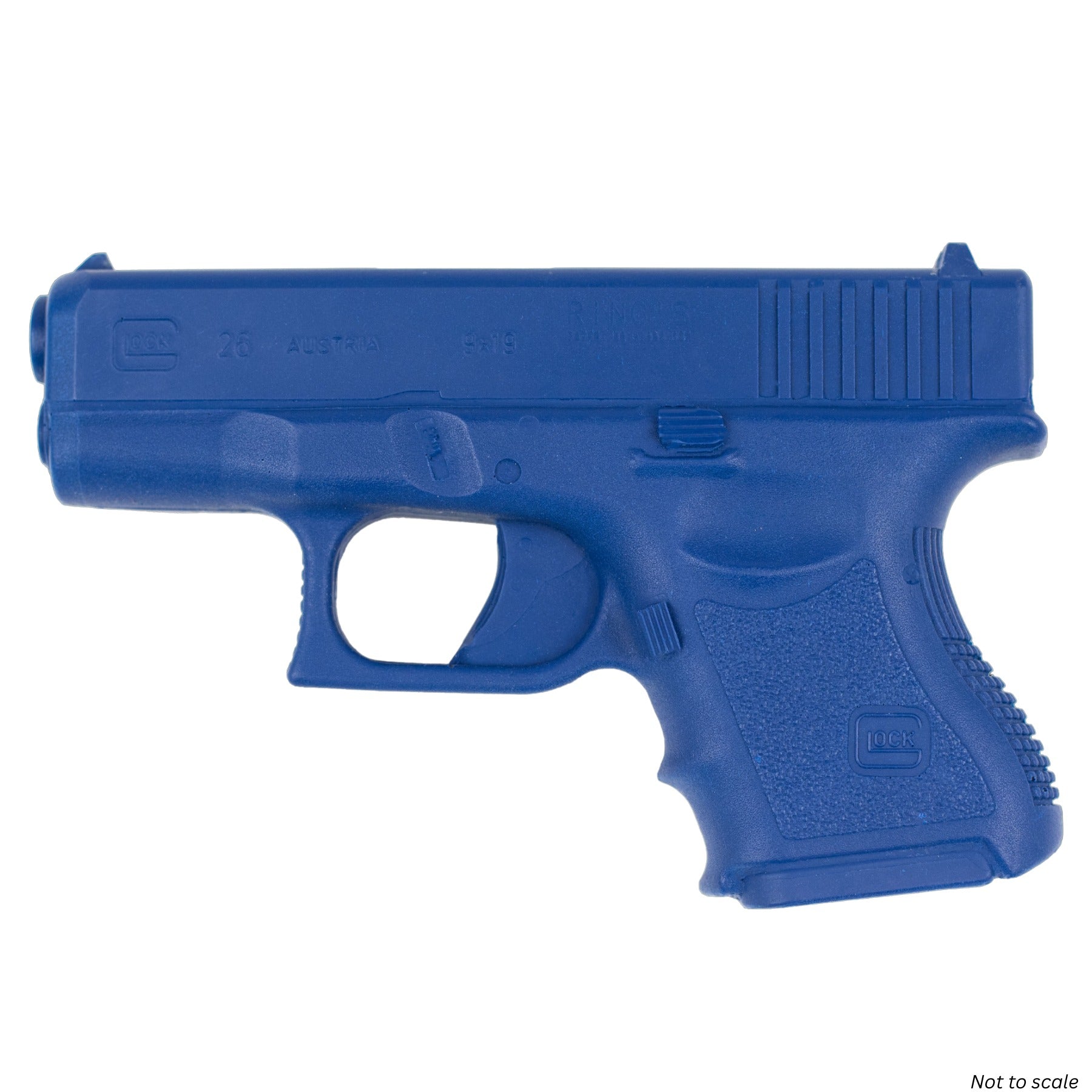 Blue plastic gun training model on a white background