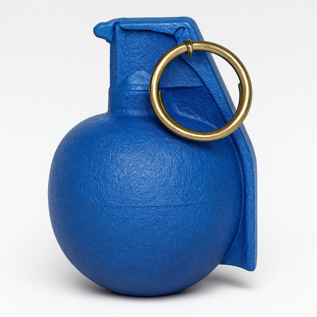 Blue grenade with a silver ring on a white background