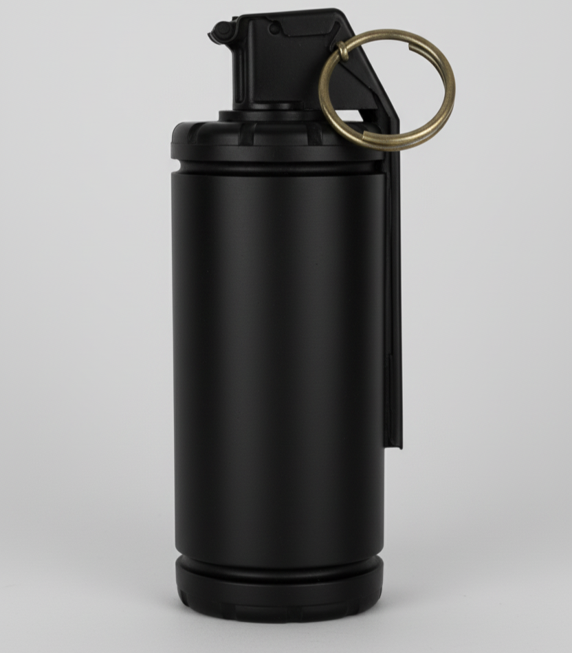 Black inert training grenade with a ring on a gray background
