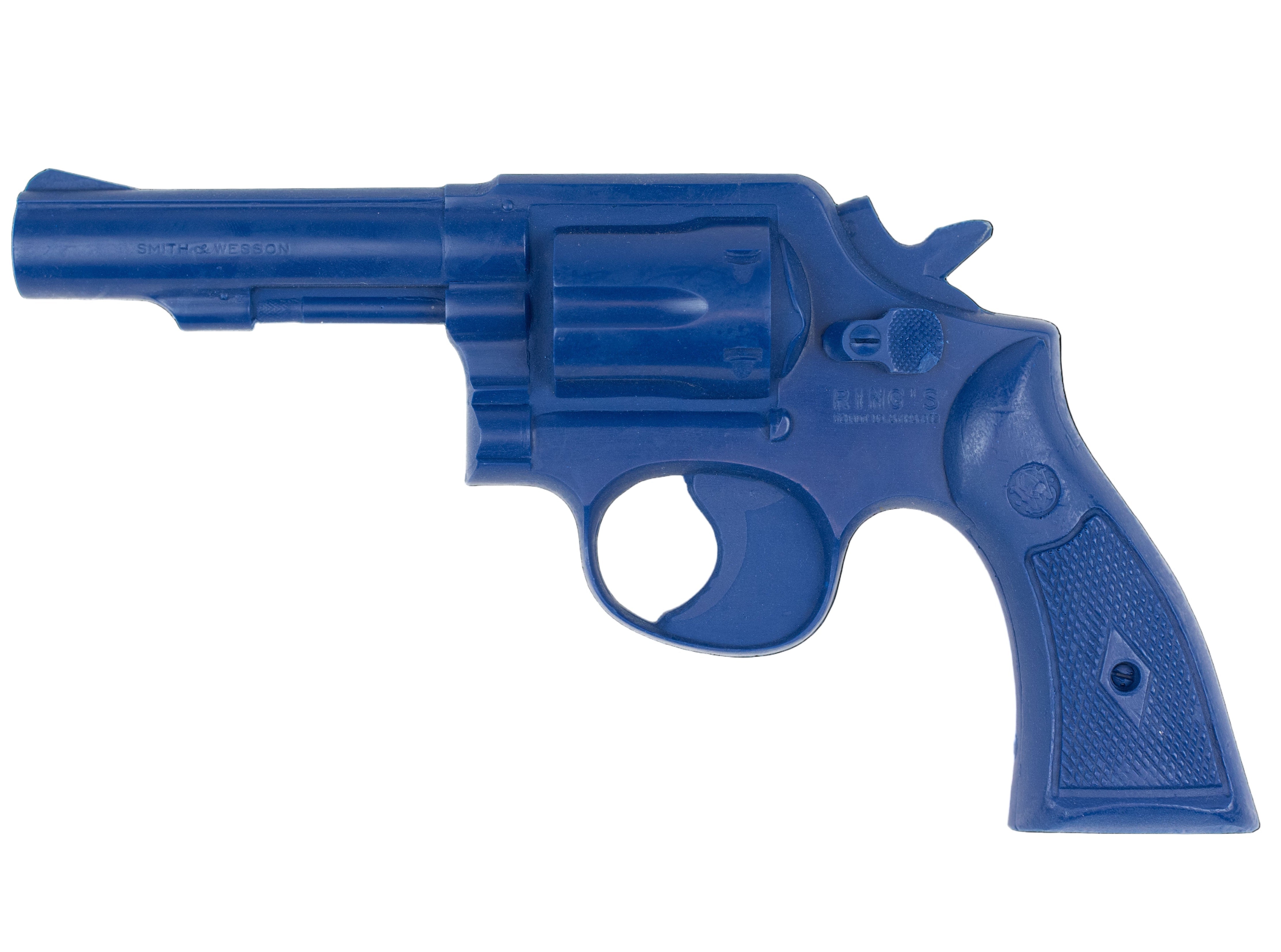 Blue S&W K Frame 4" revolver model on a black background