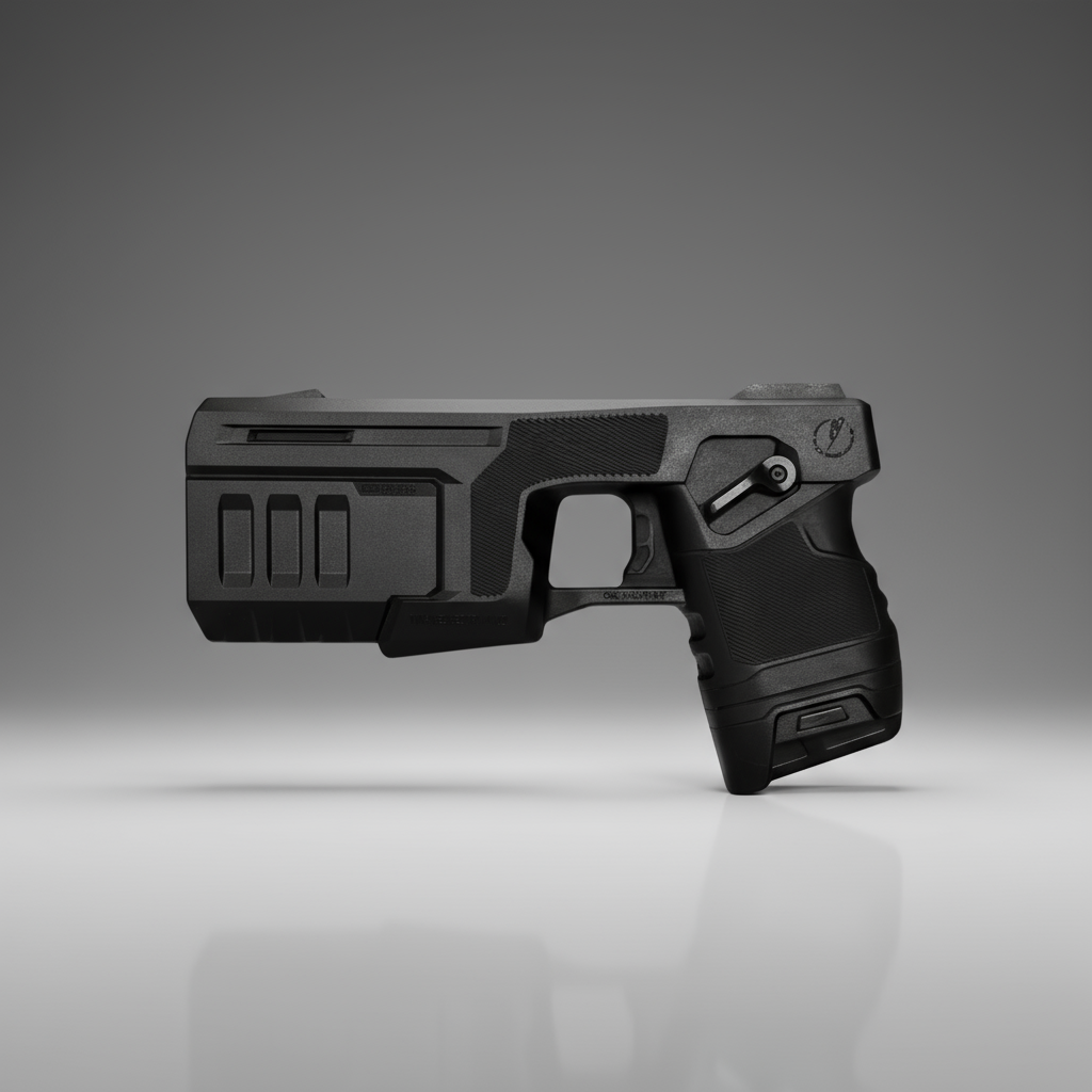 Black practice Taser 10 from Ring's Blueguns on a gray background
