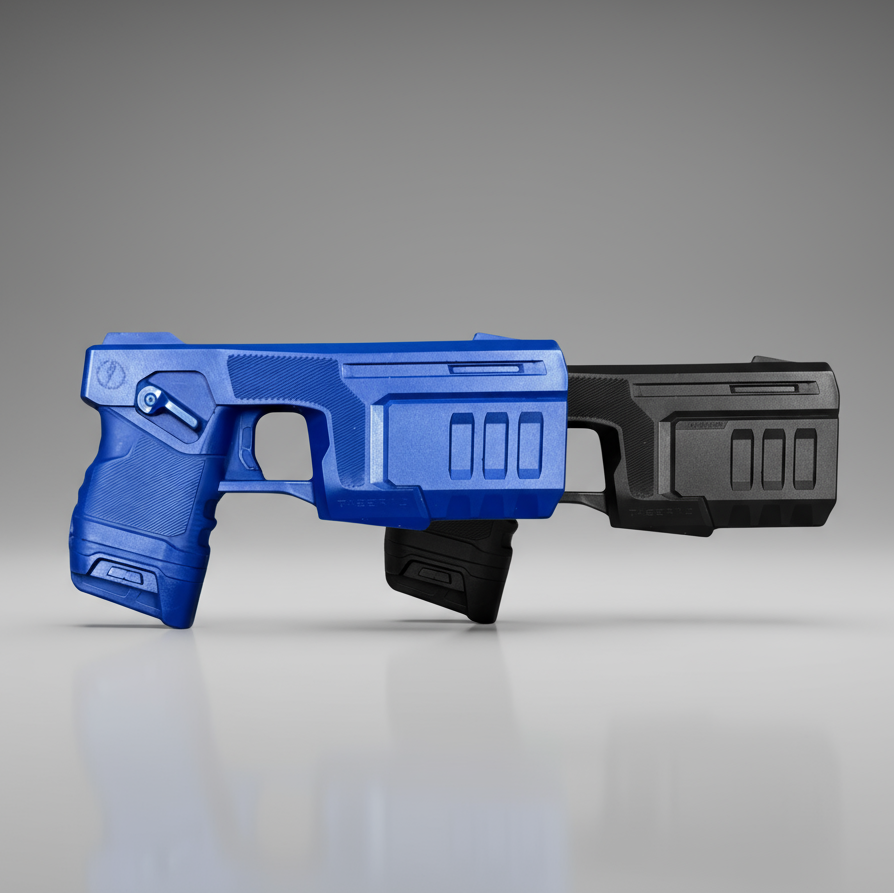 Blue Training Guns By Rings TASER 10 FST10 in Blue or Black on a gray background
