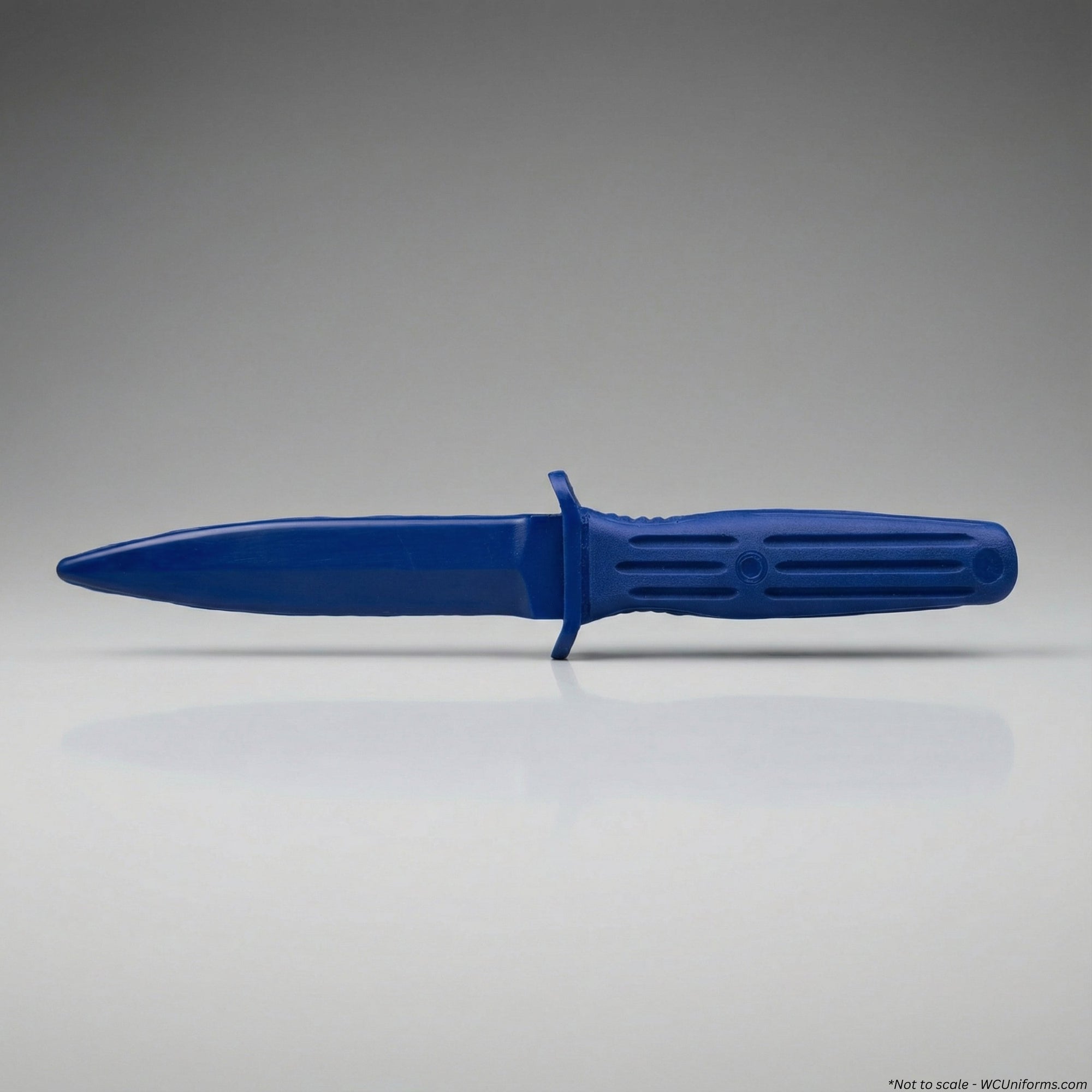 Blue training knife with a textured handle on a gray background