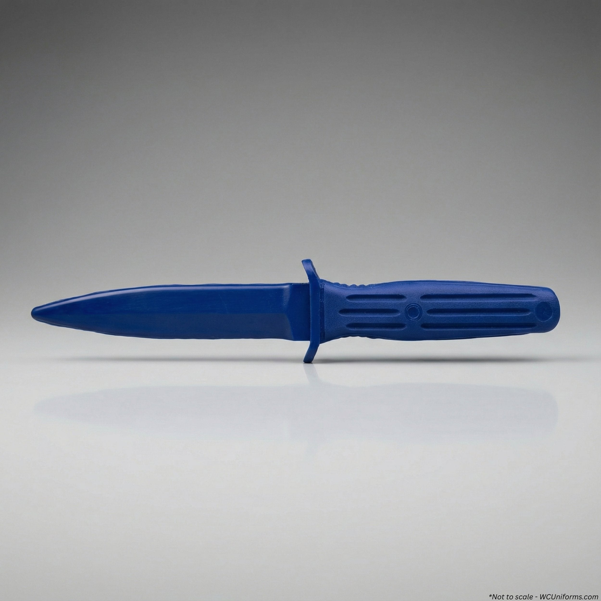 Blue training knife with a textured handle on a gray background