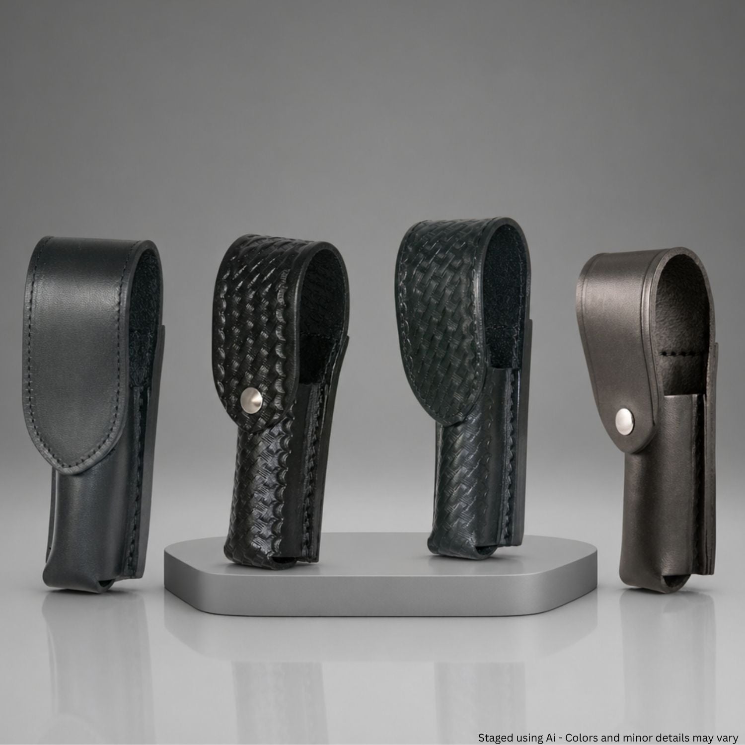 Boston Leather 5573LD Strion and Pelican M6 Flashlight Holder in multiple finishes on a gray background