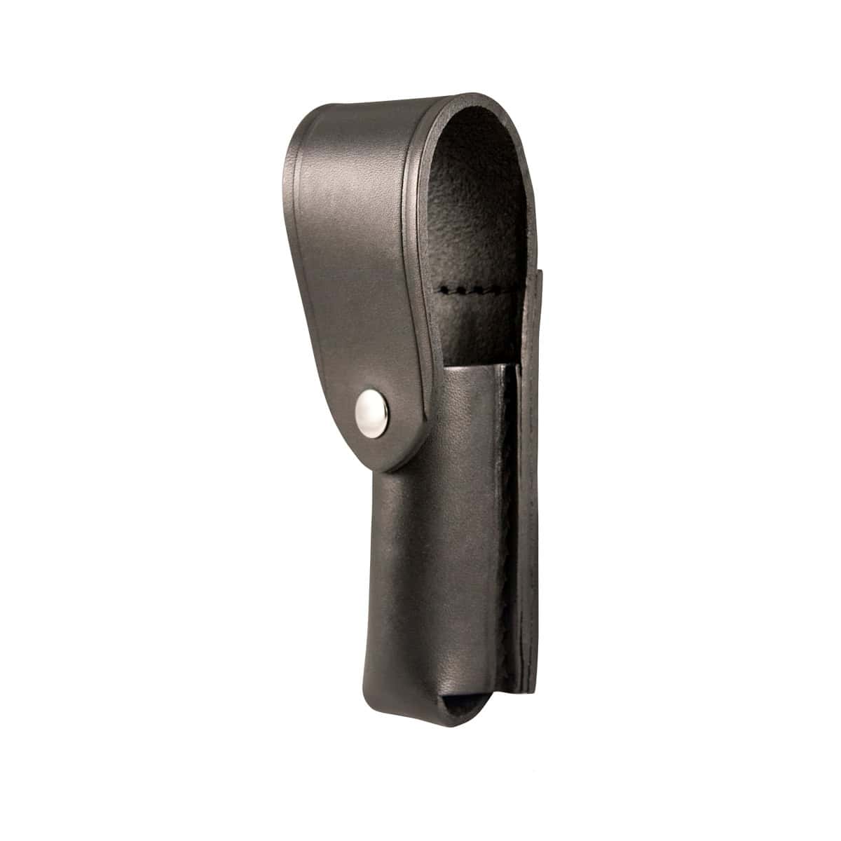 Black leather Boston Leather 5573LD Strion and Pelican M6 Flashlight Holder with a metal snap on a white background