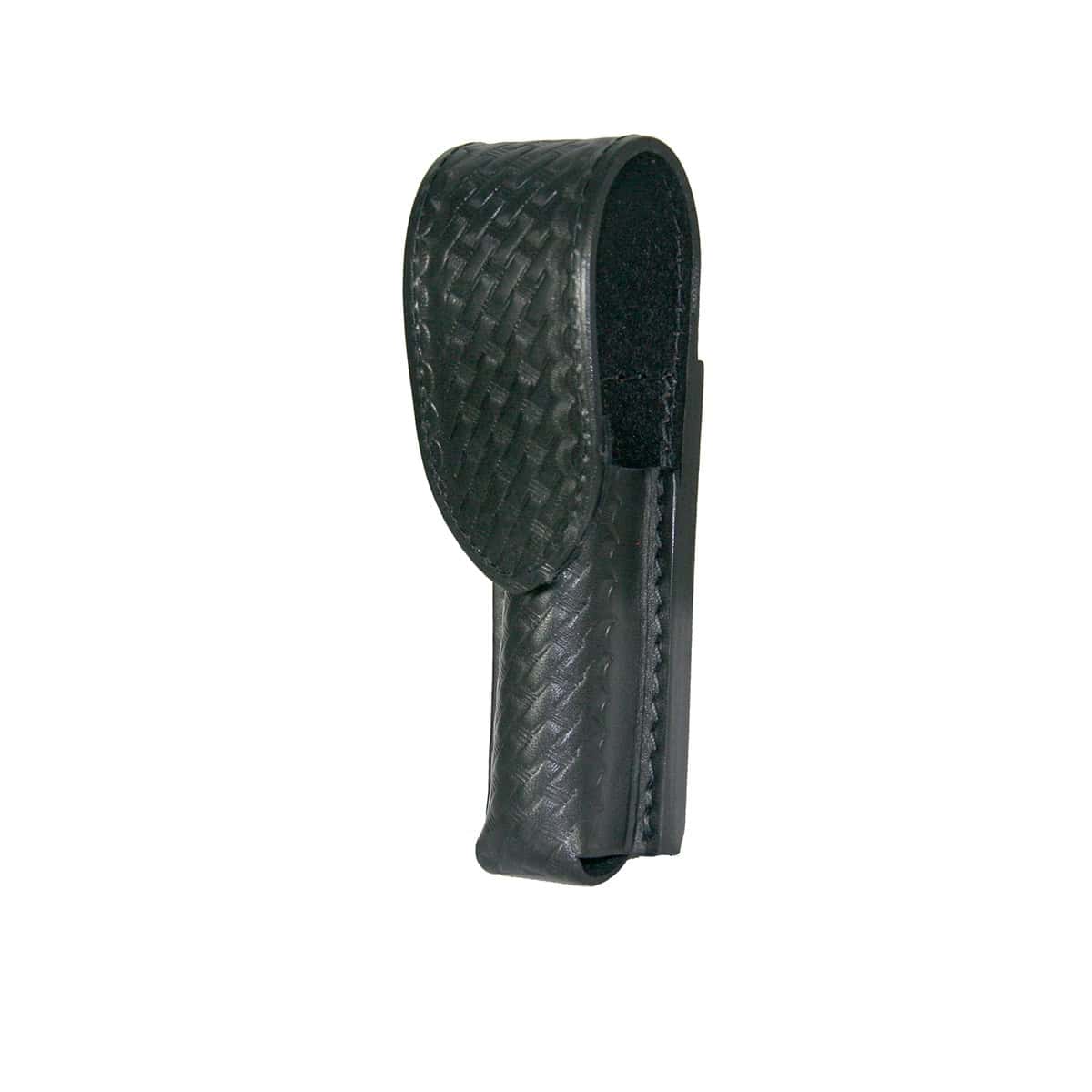 Black leather Boston Leather 5573LD Strion and Pelican M6 Flashlight Holder with textured basketweave pattern on a white background