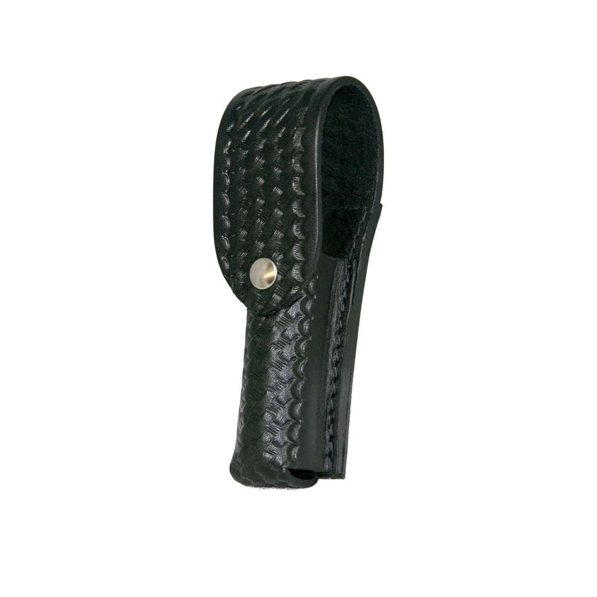 Black leather 5573LD Strion and Pelican M6 Flashlight Holder with a metallic clip on a white background