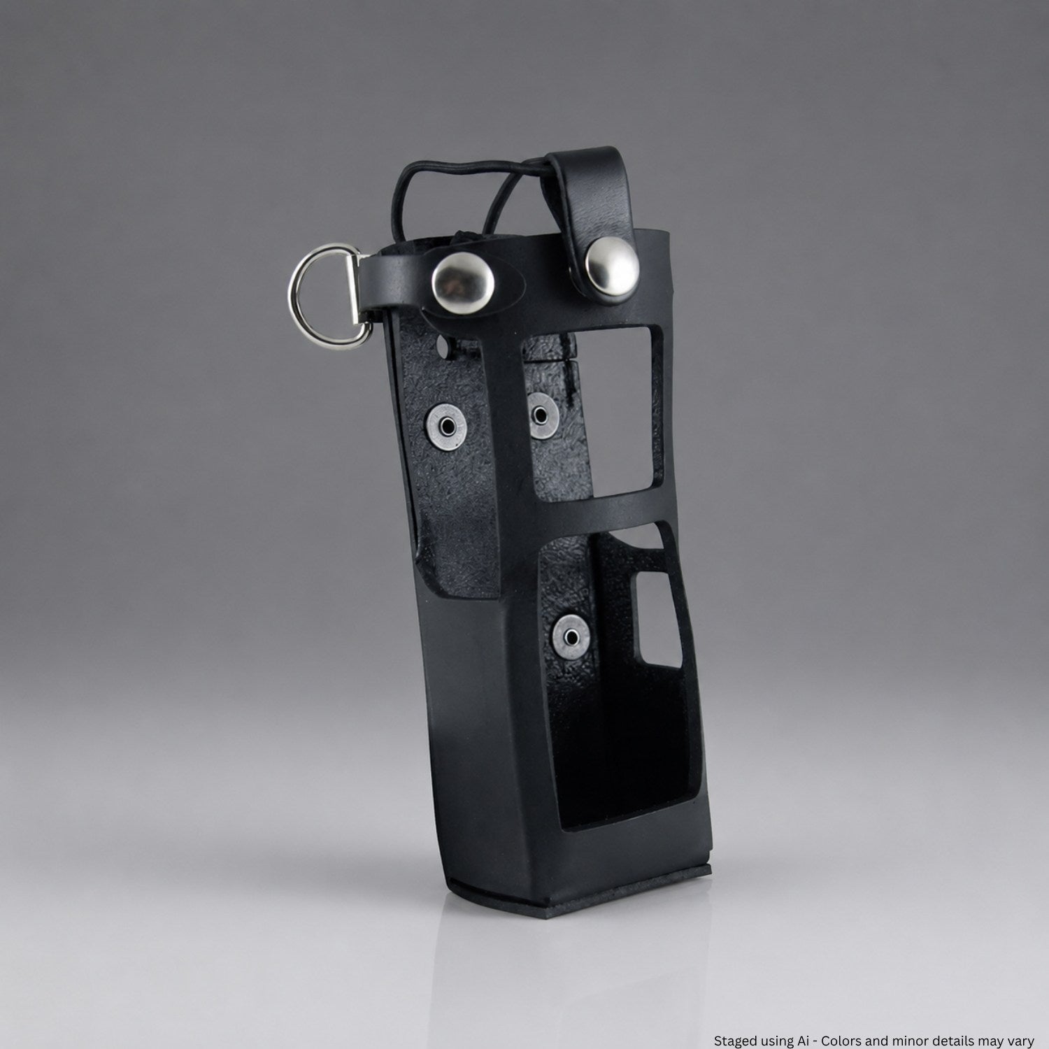 Black leather radio holster with metallic accents on a gray background