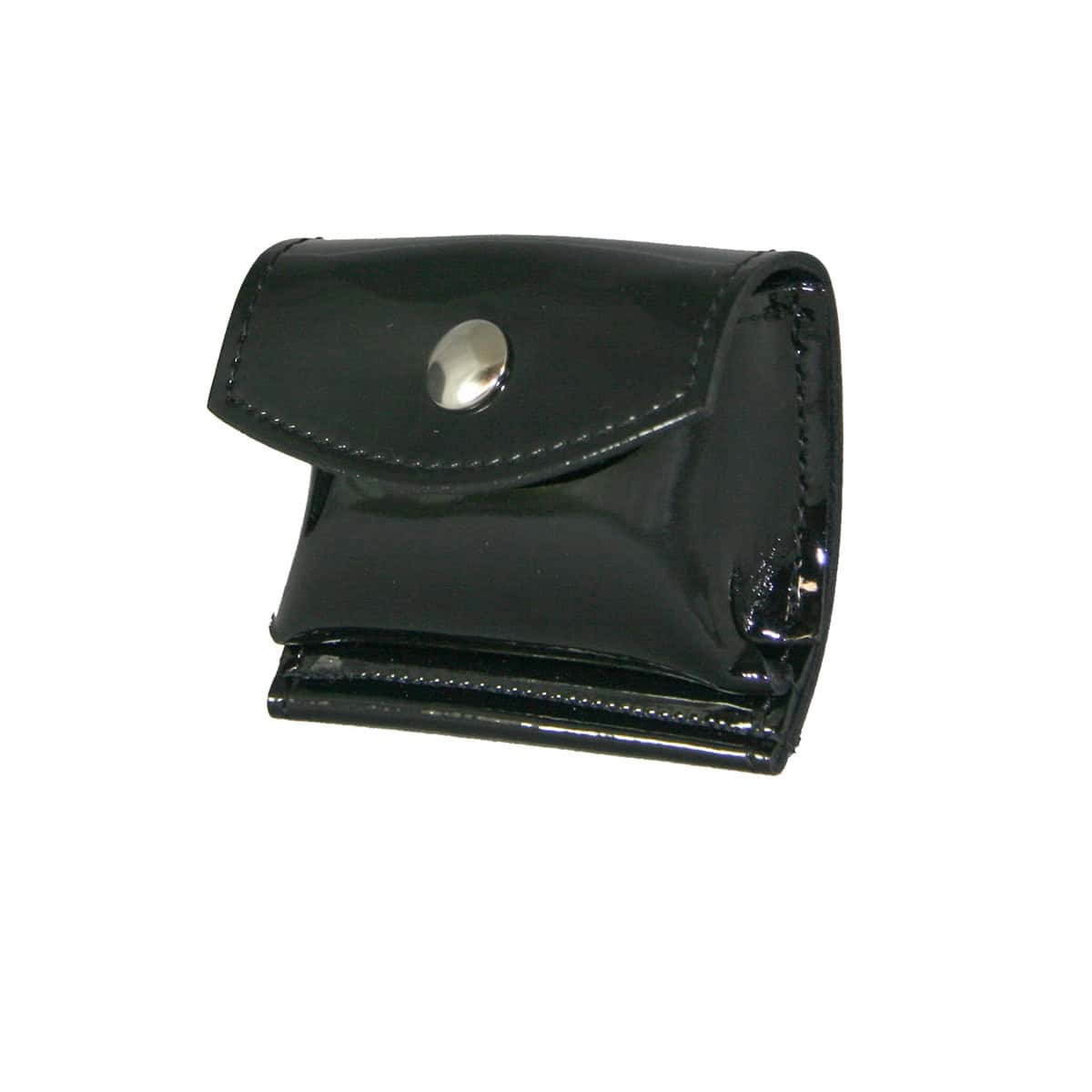 Black patent leather glove pouch with a silver button on a white background