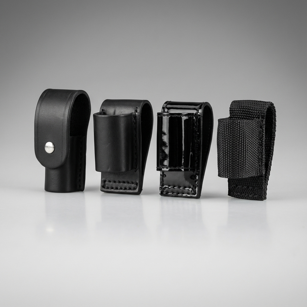 Set of black nylon and leather flashlight loop holders on a gray background