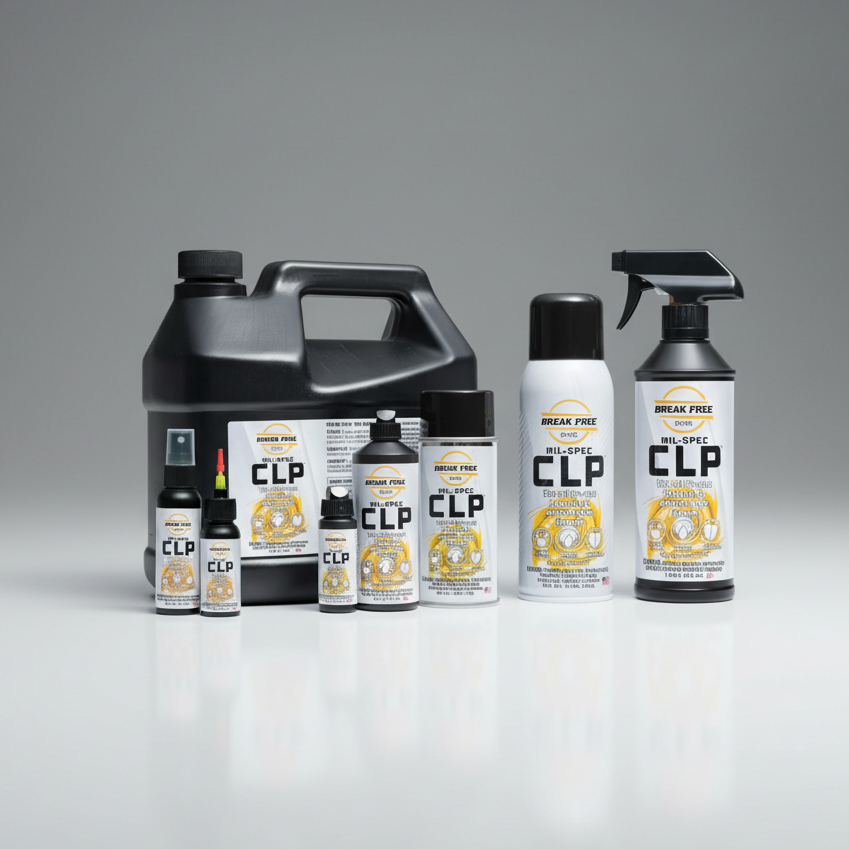 Collection of CLP products including bottles and a large container on a gray background