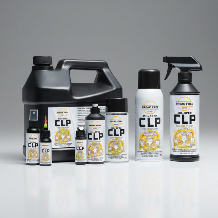 Collection of CLP products including bottles and a large container on a gray background
