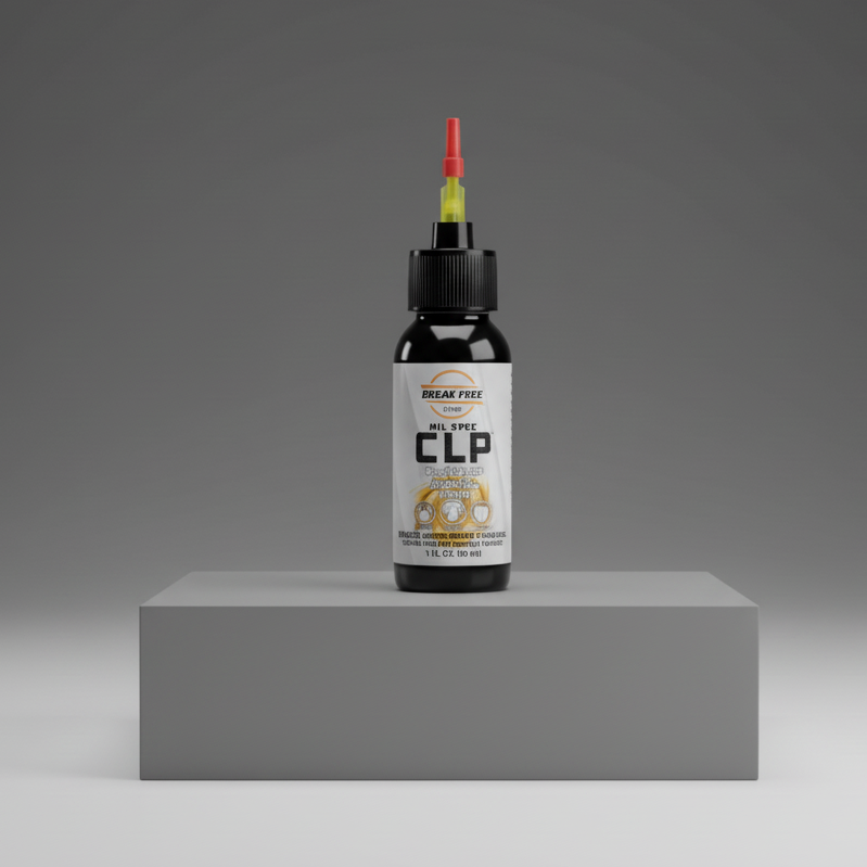 Bottle of CLP on a gray platform with a gray background