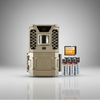 Bushnell 24MP Trail Camera Prime Brown Low Glow 119932CB - Combo 16GB SD with batteries and memory card on a gray background
