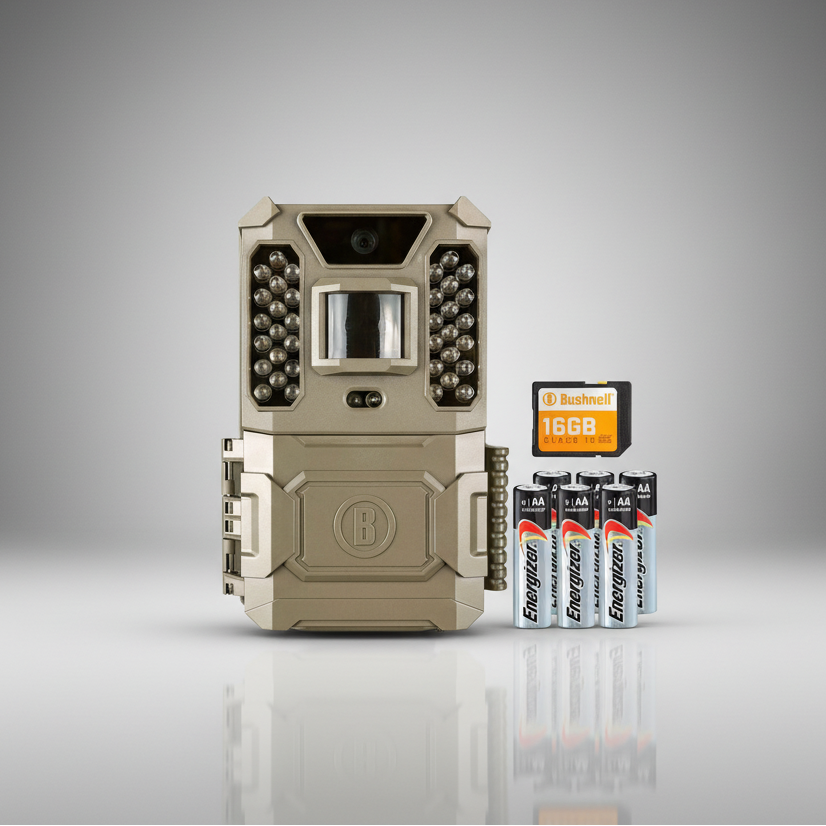 Bushnell 24MP Trail Camera Prime Brown Low Glow 119932CB - Combo 16GB SD with batteries and memory card on a gray background