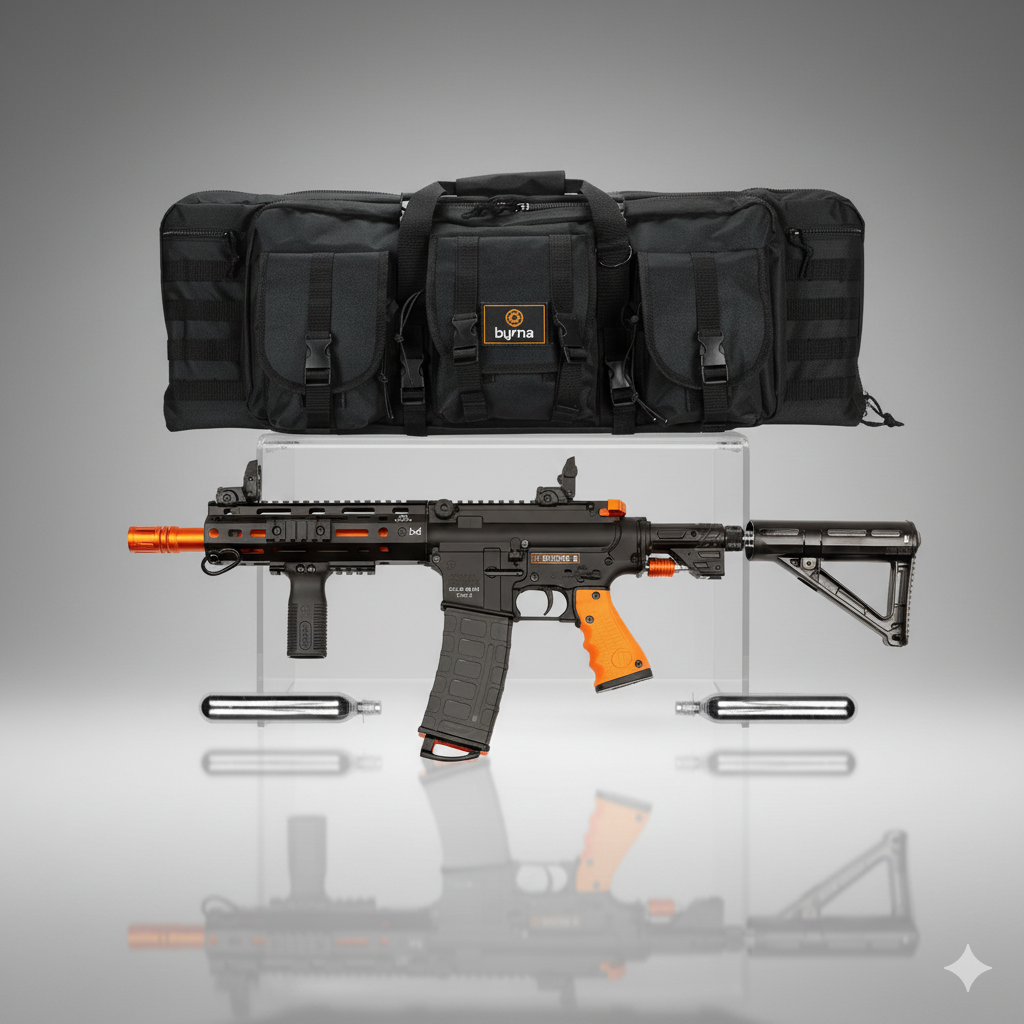 Black tactical rifle with orange accents on a reflective surface, accompanied by a black carrying case.