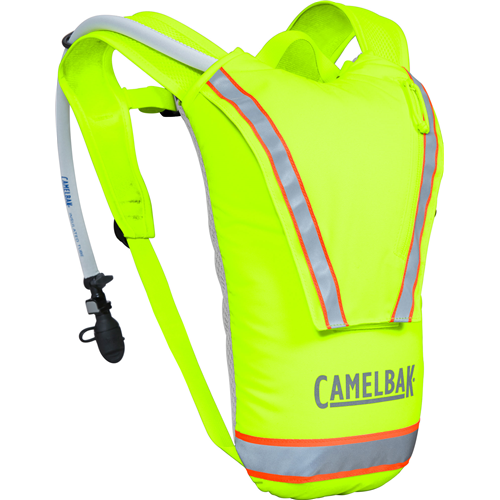 CamelBak Hi-Viz 85oz Mil Spec Crux hydration pack in bright yellow with reflective strips for safety and visibility.