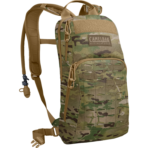 CamelBak M.U.L.E. 100oz hydration pack in camouflage design, featuring durable fabric and efficient storage for outdoor adventures.