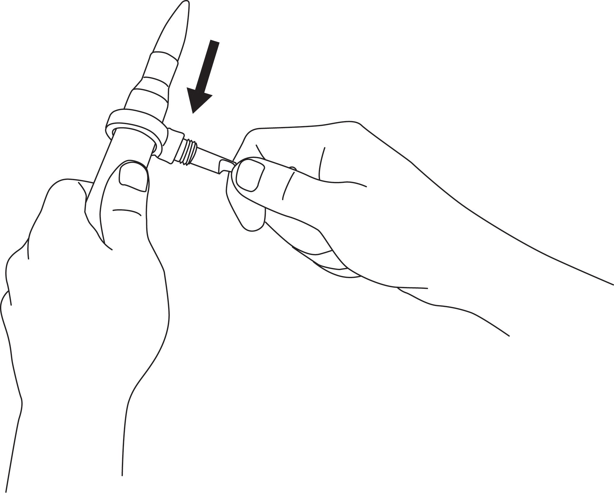 Illustration of a hand inserting a small object into a larger cylindrical object with an arrow indicating direction.