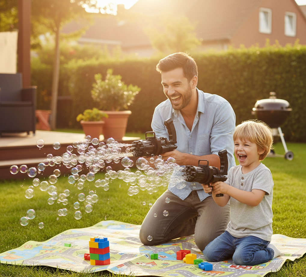 Man and child playing with bubble guns on a grassy lawn