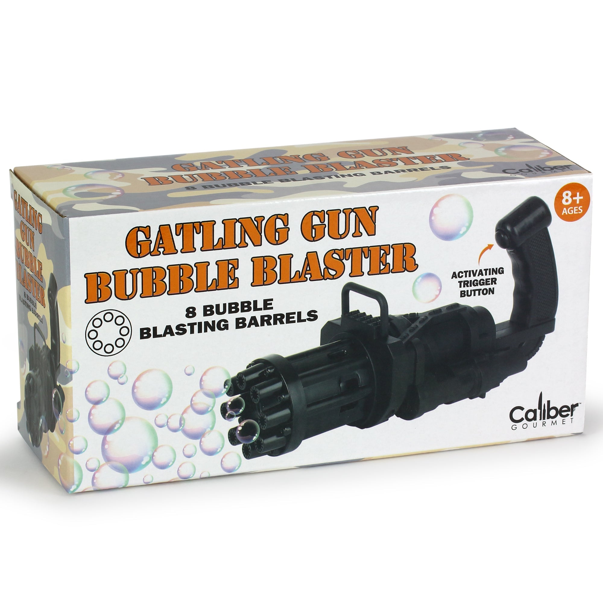 Box of Gatling Gun Bubble Blaster with bubble graphics and text on a white background
