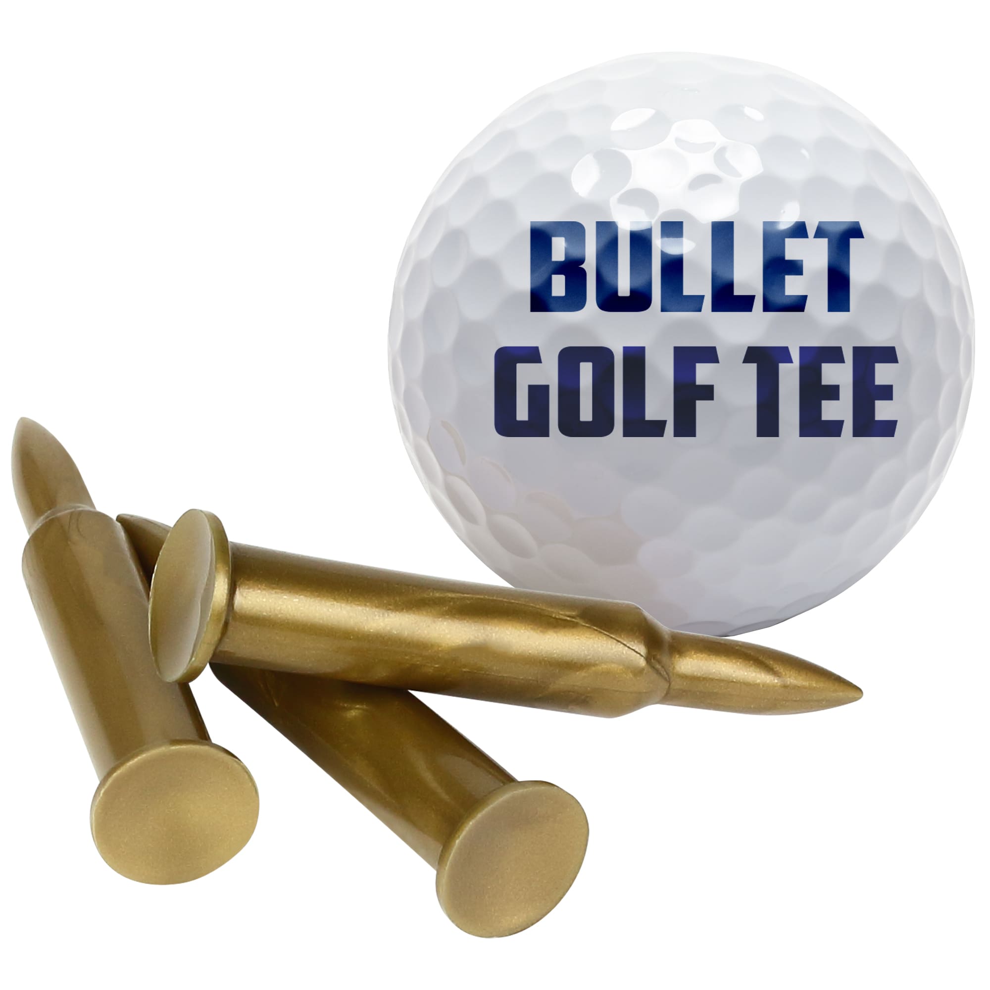 Golf ball with 'BULLET GOLF TEE' text and gold golf tees on a white background