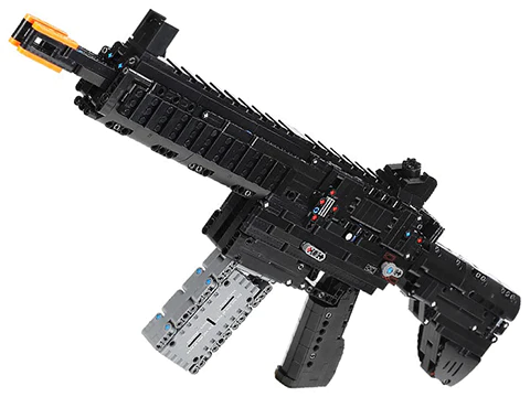 Caliber Gourmet building blocks machine gun model with 1178 pieces, designed for ages 12+, shoots plastic projectiles.