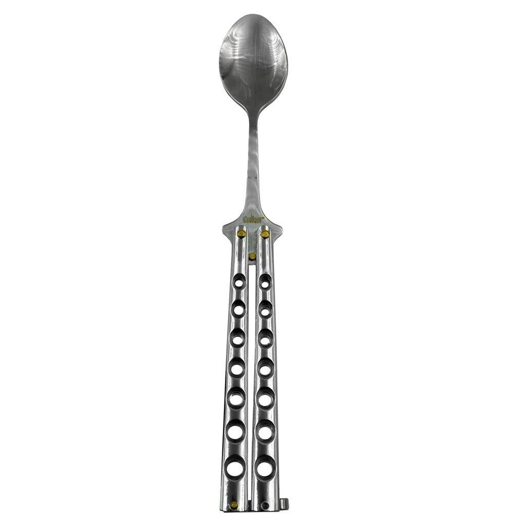 UZI Butterfly Spoon, a unique spoon designed for butterfly knife style flipping, made for fun and safe use outdoors.