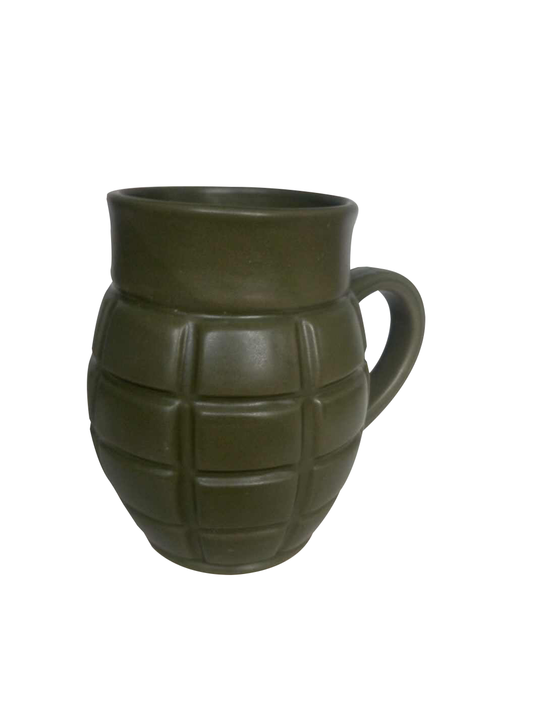 Caliber Gourmet Grenade Mug in olive green, designed for heat retention with a sturdy grip for enjoying beverages.